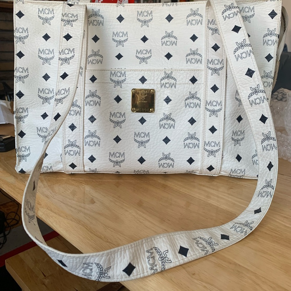MCM White Iconic Pattern Tote with Gold Hardware